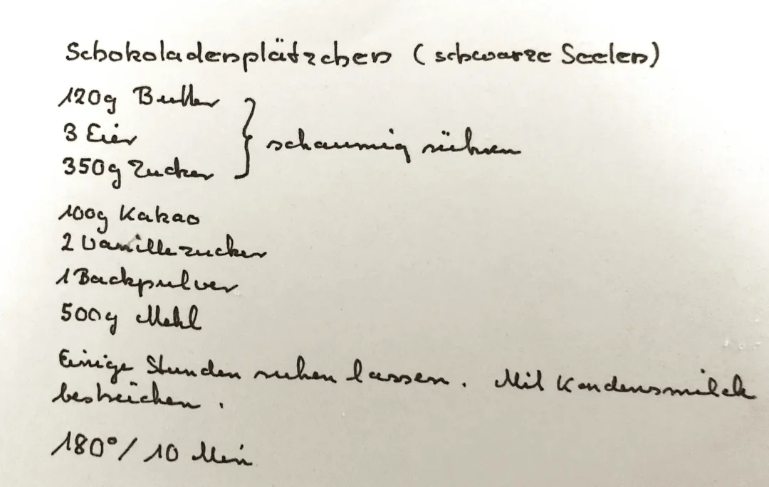 Das handschriftliche Rezept meiner Mutter für die "Schwarzen Seelen"